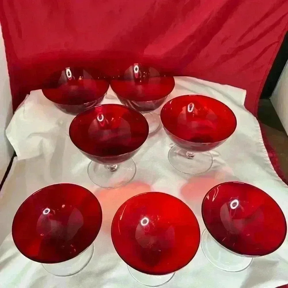 Vtg. 7- Cranberry Glass, footed Sherbet glasses/ wafer stems - Picture 6 of 7